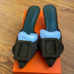 Dark olive green slip on buckled heels